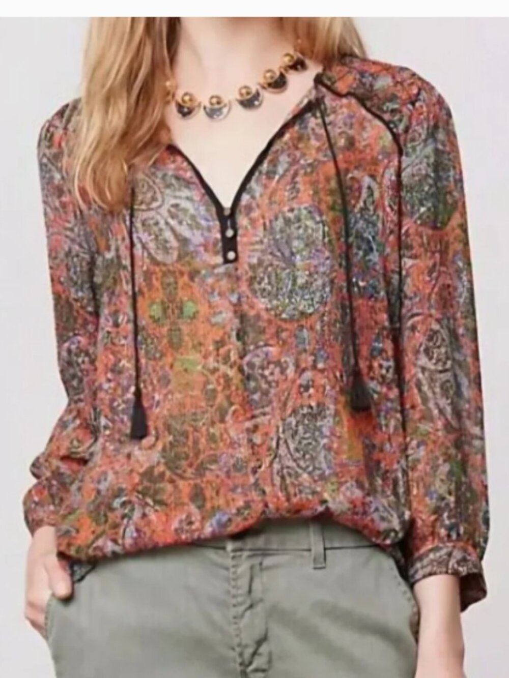 Anthropologie Edme & Esyllte Nina Paisley Chiffon Tassel Tie Popover Blouse Top